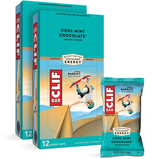 [BRSWIYYOOQNRAEDE] CLIF BARS - Energy Bars - Cool Mint Chocolate - With Caffeine - Made with Organic Oats - Plant Based Food - Vegetarian - Kosher (2.4 Ounce Protein Bars, 24 Count) Packaging May Vary