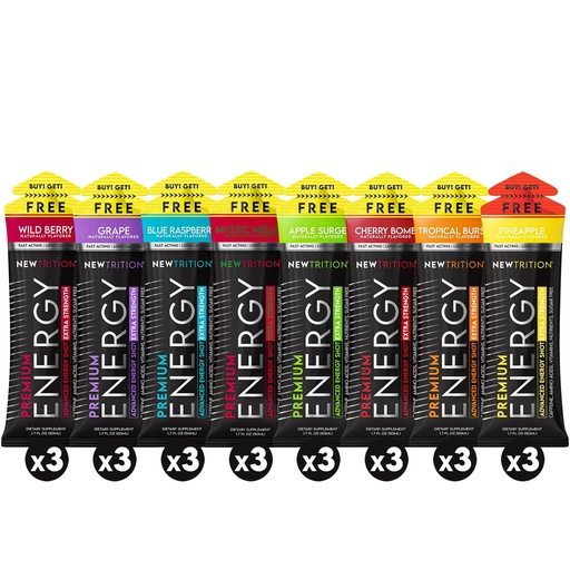 [BRSREGACBEPBGCD4] NewTrition® Extra Strength Energy Shots 1.7 fl oz - 250mg Caffeine with B Vitamins & Amino Acids, Sugar-Free Zero Calorie Vitamin Energy Drink for Focus & Endurance (Pack of 24, 8 Flavors - Mixed 1&2)