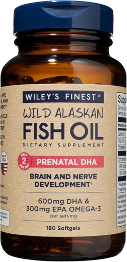[BRSWIGA4BYCRYGTC] Wiley's Finest Wild Alaskan Fish Oil Prenatal DHA - 900mg EPA and DHA Omega-3s for Pregnant Women and Nursing Mothers - 180 Softgels (90 Prenatal Vitamin Servings)