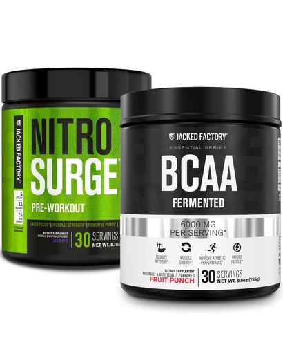 [BRSRMAQEBUCWKG3X] Jacked Factory Nitrosurge Pre-Workout in Grape & BCAA in Fruit Punch for Muscle Building and Recovery