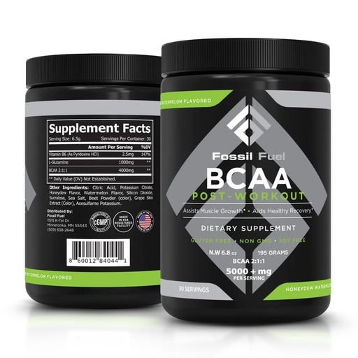 [BRSRAGANOR7QO3TB] Fossil Fuel Sugar-Free BCAA Powder – Post-Workout Muscle Recovery with BCAAs, Glutamine, Vitamin B6, Amino Acids, Endurance & Hydration, Honeydew Watermelon (30 Servings)