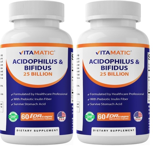 [BRSRGFIEBZ6WYYDG] Vitamatic Acidophilus Bifidus 25 Billion DR Capsule - 60 Count - Digestive Support - Made with Prebiotic Inulin Fiber (Pack of 2)