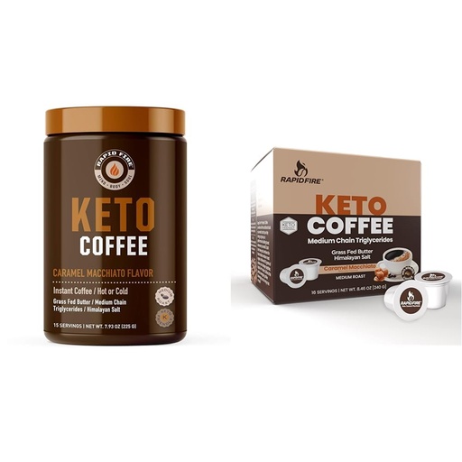 [BRSRAYYYOUNQK33O] Rapid Fire Ketogenic Caramel Macchiato Keto Coffee Mix & Pods, Supports Energy & Metabolism, Weight Loss Diet, 15 Servings 7.93oz & 16 Count K Cups