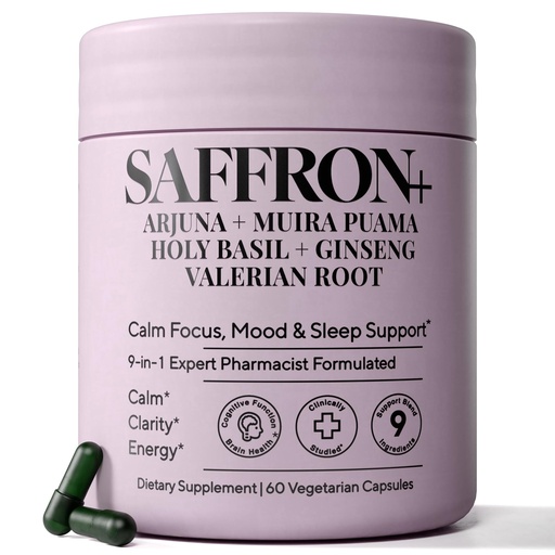 [BRSRYY37CICBMGTH] Saffron Supplement - 9-in-1 Formula with 100mg Saffron Extract, Holy Basil, Ashwagandha & Magnesium Glycinate - Supports Positive Mood, Emotional Balance, Calm Focus & Daily Energy - 60 Capsules