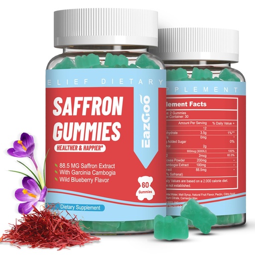[BRSROZDQPIJWYF32] Saffron Supplements Gummies, Saffron Extract for Positive Mood & Calm Nerve, Boost Energy, with Garcinia Cambogia, Vitamin A, B12, Rhodiola Rosea - 120 Gummies