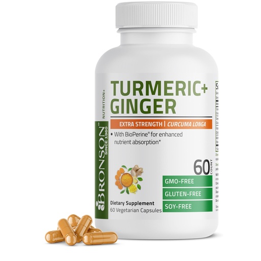 [BRSROGQCCECA4DIU] Bronson Turmeric + Ginger Extra Strength Joint Health & Digestion Support with BioPerine, Non-GMO, 60 Vegetarian Capsules