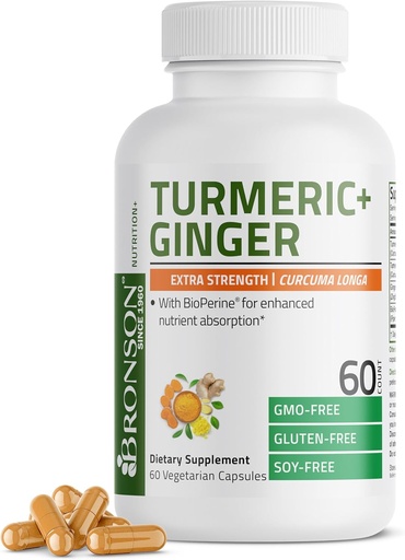 [BRSROGQCCECA4DIU] Bronson Turmeric + Inkivääri Extra Strength Yhteinen terveys- ja ravitsemustuki BioPerine, ei-GMO, 60 kasvissyöjäkapselit