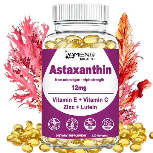 [BRSRGBAQAUAWYET4] Astaxanthin Supplements 12mg Softgels - Triple Strength with Lutein, Vitamin C, E & Zinc, Antioxidant for Eye, Skin & Vision Support, Natural Microalgae Source, Non-GMO, Gluten & Soy Free, 120 Count