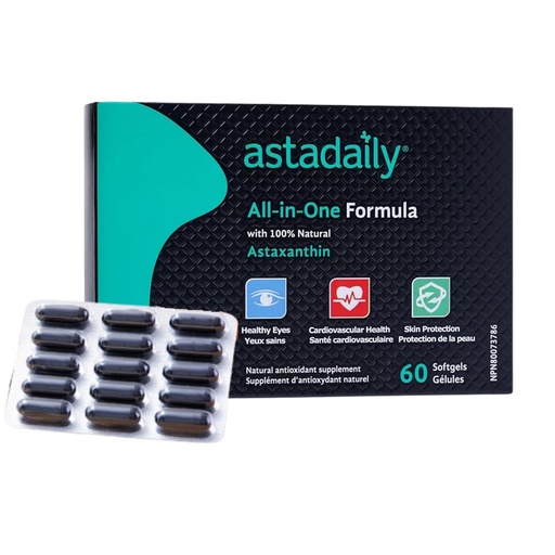 [BRSW2GI5A4MGGCI4] Astadaily® All-in-One Astaxanthin Supplement | 9-in-1 Antioxidant Formula for Eye, Skin & Heart Support | Natural Astaxanthin from Algae | 60 Individually Blister Packed Softgels | Made in Canada
