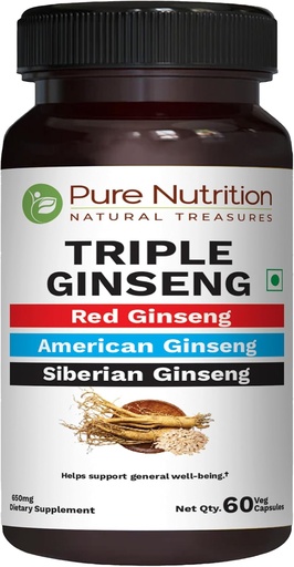 [BRSWYAQKCR7AGGY6] Ginseng triple de nutrición pura - una combinación única y efectiva de Ginseng rojo, Ginseng americano y Ginseng siberiano. 790mg por Capsule Silencio 60 Veg Caps Pack