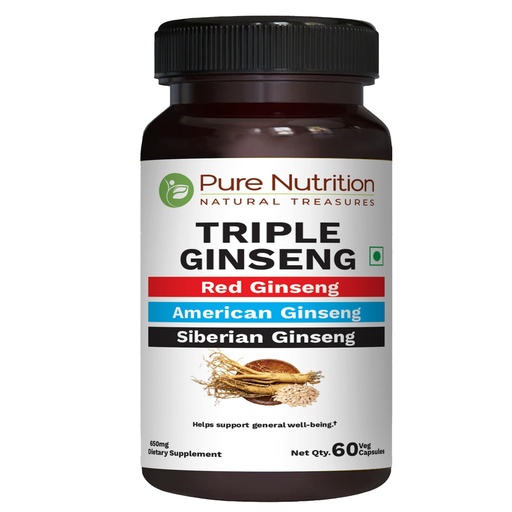 [BRSWYAQKCR7AGGY6] Pure Nutrition Triple Ginseng - an Unique and Effective Combination of Red Ginseng, American Ginseng and Siberian Ginseng. 790mg per Capsule | 60 Veg Caps Pack