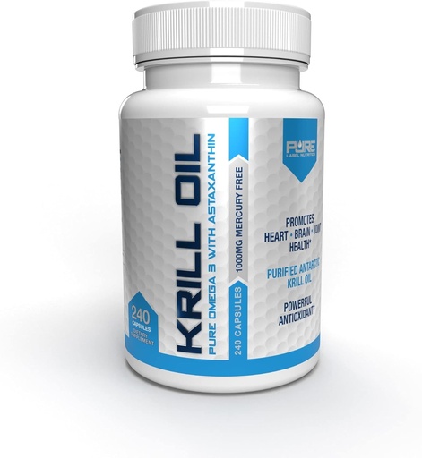 [BRSWGZIODIJQKH3A] Pure Label Nutrition Fresh Antarctic Krill Oil 1000mg, Omega 3's, Extra Strength, EPA & DHA softgels with antioxidant Astaxanthin. Heart Health Supplement and No Fishy Aftertaste. 240 gelcaps