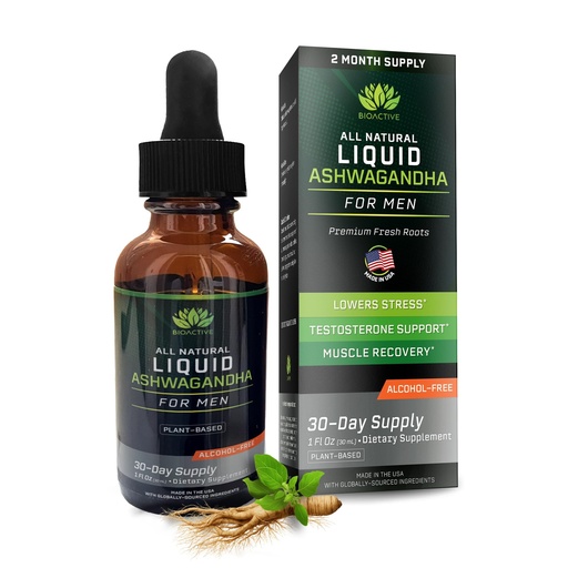 [BRSRABQ5DF5WOYI2] BIOACTIVE Liquid Ashwagandha Supplement Drops - Testosterone Booster For Men* - Adaptogen for Stress Support, Men’s Wellness - Organic, Vegetarian, Gluten Free, Non-GMO, 59 Servings (1 Oz, Unflavored)