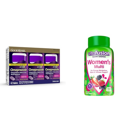 [BRSRAY33CJ4GGHIZ] GoodSense Omeprazole 20mg Wildberry Mint Coated Tablets 42 Count and Vitafusion Women's Multivitamin Gummies Berry Flavored 150 Count