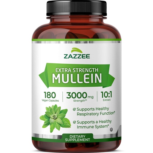 [BRSRE2YPCV6WG3DB] Zazzee Extra Strength Mullein Leaf 10:1 Extract, 180 Vegan Capsules, 6 Month Supply, Verbascum Thapsus, Respiratory & Lung Support, Certified Kosher, 100% Pure Leaf Powder, Non-GMO, Made in the USA