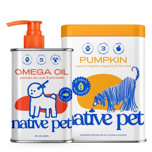 [BRSRMHQZPMIQ4CQU] Native Pet Omega Oil for Dogs & Pumpkin for Dogs | Dog Fish Oil Supplements | All-Natural, Organic Fiber | 8 Oz. Omega Oil & 16 Oz. Pumpkin Powder