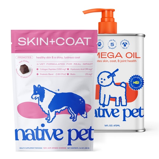 [BRSREYA6BEGRMHLJ] Native Pet Omega Skin and Coat Chews for Dogs (120 Air-Dried Chews) & Omega Oil for Dogs (16 Oz.) - Omega 3 Fish Oil Bundle Promotes Healthy Skin, Shiny Coat, & Strong Joints