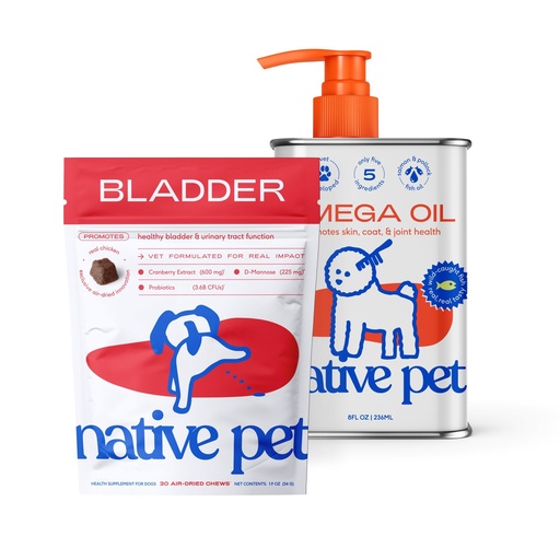 [BRSREYLYAB6BYDTL] Native Pet Urinary & Omega Wellness Bundle: Bladder Chews for Dogs (30 Air-Dried Chews) & Omega Oil for Dogs (8 Oz) - UTI Treatment & Prevention + Fast-Absorbing Omega 3 6 9 Supplement