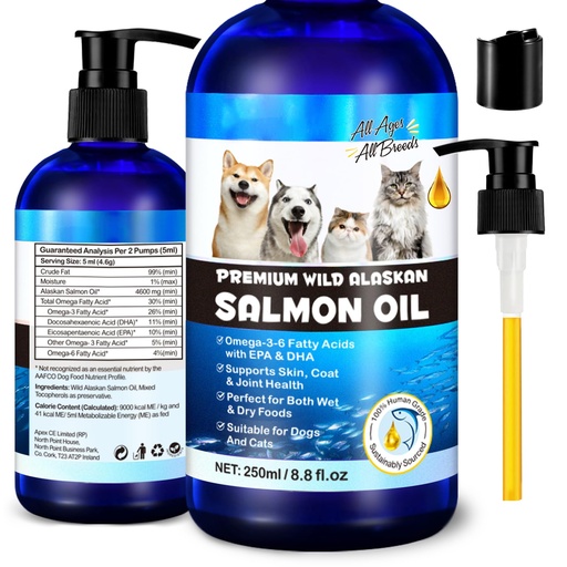 [BRSRAH3QOEPG2DL3] Wild Alaskan Salmon Oil for Dogs & Cats - Omega-3 Supplement for Skin, Coat & Joint Health, Sustainable All-Breed Formula, Human Grade, Perfect for Picky Eaters on Wet or Dry Food - 8.8 fl oz