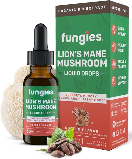 [BRSRABT3AUBQGH3H] Fungies Mane Mushroom de León gotas líquidas, café - Tintura con Lions Mane Extract soporta Brain Fog, Focus, Memory & Healthy Mood - Mushroom Complex Supplement for Adults - 30 Servings