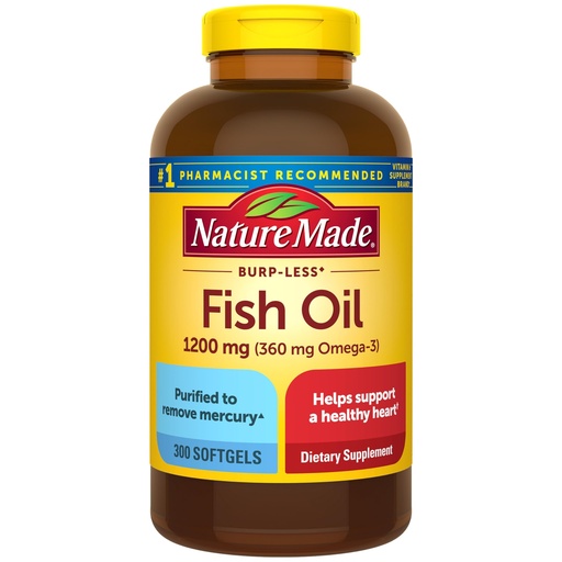 [BRSWYYDRBB5AYA3H] Nature Made Burp Less Fish Oil Omega 3 Supplements, 1200 mg Softgels, Omega 3 Fish Oil for Healthy Heart Support, 300 Softgels, 150 Day Supply