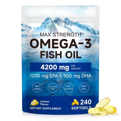 [BRSRGCYKAQBAGEQ3] Triple Strength Omega 3 Fish Oil Softgels - 4200mg Per Serving | 1200mg EPA & 900mg DHA | Wild-Caught Deep Sea Fish | Burpless Lemon Flavor & Enteric Coated | 3rd Party Tested & Non-GMO | 240 Softgels