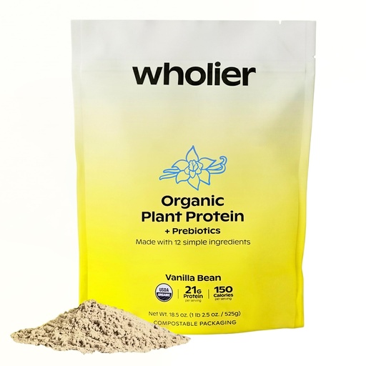 [BRSRMADRBEMAAHLL] wholier Organic Plant Protein Powder + Prebiotics & Amino Acids, 21g Vanilla Protein Powder, USDA Organic, Gut Health Support, Vegan, Gluten Free, No Fillers, Vanilla Bean, 14 Servings