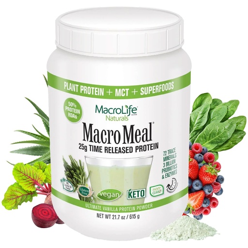 [BRSWKFY2OAAQOHDM] MacroLife Naturals MacroMeal Vanilla Vegan Protein Powder 25g + Superfood Greens, 3 Billion Probiotics & Fiber for Lasting Energy - Plant Based Non-GMO & Gluten-Free Shake & Smoothie Mix - 15 Servings