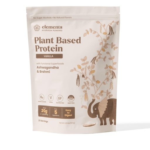 [BRSROFI2AQNGC3TX] Elements Vanilla Plant Protein Powder | 20g Protein | Complete Amino Acid Profile | Ayurvedic Adaptogens Ashwagandha & Brahmi | Vegan | No Added Sugar | 21 Servings |