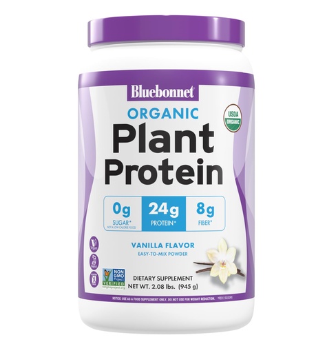 [BRSRABL3OIMBUGQY] BlueBonnet Nutrition Organic Plant Protein Powder, 24g Plant Based Protein, Zero Sugar, 8g Fiber, USDA Organic, Non-GMO, Kosher, Gluten-Free, Soy-Free, Vegan, Vanilla Flavor, 21 Servings, 2.08 lbs