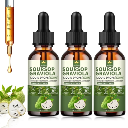 [BRSRACT3AV7GEAL7] (3 Pack) Soursop Graviola Liquid Drops 2000mg，Immune Boost，Cell Support & Regeneration，Natural Antioxidant，Soursop Extract - 98%, Sugar/Gluten Free, Natural Flavor, 6 Fl Oz