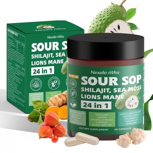 [BRSREH36AENGC3TX] Soursop Capsules – 24-in-1 Soursop Bitters & Herbal Soursop Supplement with Sea Moss, Moringa, Rhodiola Rosea, Shilajit & Ashwagandha for Gut Support,Energy,Immune & Digestive Support,Non-GMO,Organic