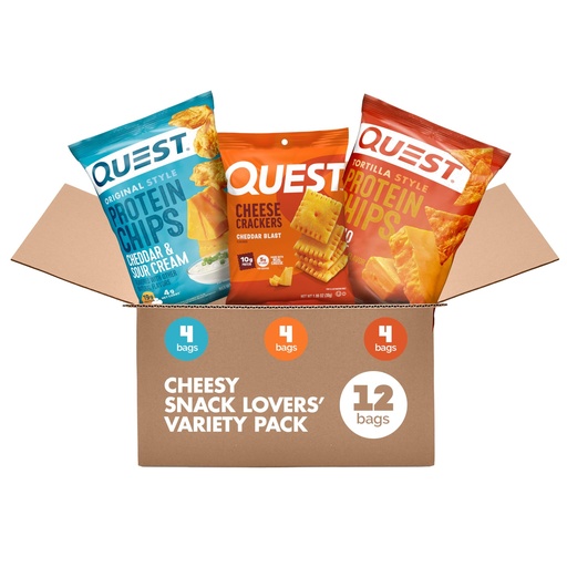 [BRSREZLQCUMQKFLH] Quest Nutrition Cheese Lovers Variety Pack, Nacho Tortilla Style Protein Chips, Cheddar & Sour Cream Chips, Cheddar Blast Crackers (4 of Each), 1.1 oz, 12 Count