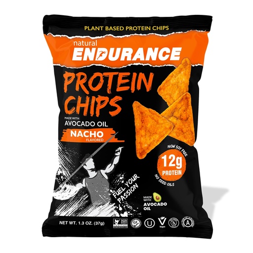 [BRSRGGILOQFQME32] Natural Endurance Protein Chips - Healthy Low Carb Chips, 12g of Protein per Bag, Non GMO, Made with Avocado Oil, Vegan, Nut Free, On the Go Snack - Vegan Nacho Flavor, 1.38 oz Bags (Pack of 8)