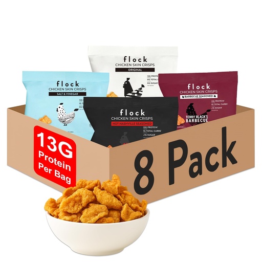 [BRSW2CYKBENAACLH] Flock Keto Chicken Skin Chips – 4 Flavors Variety Pack, Low Carb, High Protein, Gluten-Free Chicken Crisps, Keto Snack, Low Carb Chips, Protein Crackers, Diet Snacks, 8-Pack (1oz)
