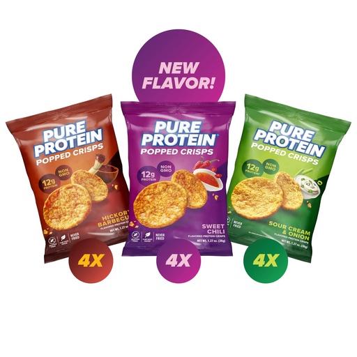 [BRSROAL4OICRG3AY] Pure Protein Popped Crisps - Variety Pack: Hickory Barbecue, Sour Cream & Onion, Sweet Chili - 12g Plant Based Protein, Gluten Free, Non GMO, Vegan, Air Popped & Puffed Crisps – Healthy Protein Snacks – 12 Pack