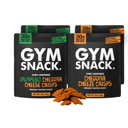 [BRSRGYYHA4IWOGTK] Gym Snack Protein Crisps Variety Pack – Cheddar Cheeze & Jalapeño, Crunchy High Protein Snack Chips with 30g Pea Protein per Bag, Low Carb, Vegan, Gluten Free, Keto Friendly (4 Pack, 2oz)