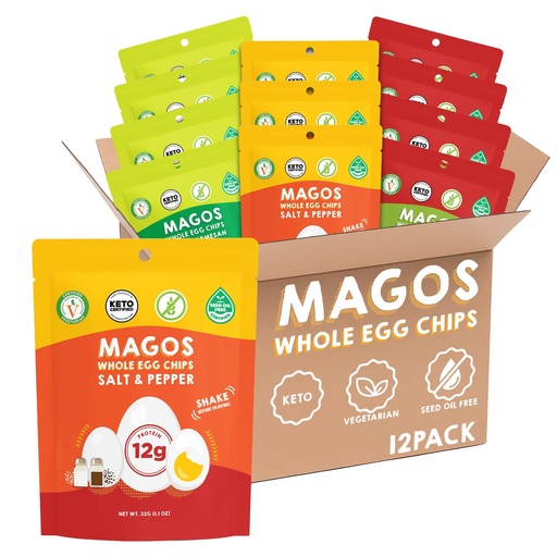 [BRSREGINOYPBGYIU] Magos Egg Chips Variety Pack – Healthy Snack, High Protein Low Carb, Light Cracker-Style Crunch, 1.1 oz Bags – Includes Garlic Parmesan, Salt & Pepper, Huevos Rancheros – Keto, Vegetarian & Carnivore Friendly, No Gluten Ingredients (12-Pack)