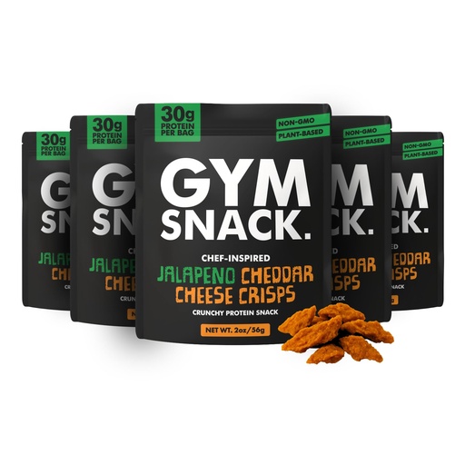 [BRSRGYYPCMHA4ADK] Gym Snack Jalapeño Cheddar Cheeze Protein Crisps (5 Pack, 2 oz Bags) – 30g Protein, High Protein Plant-Based Crunchy Snack Made from Pea Protein, Low Carb, Gluten Free, Vegan & Keto Friendly
