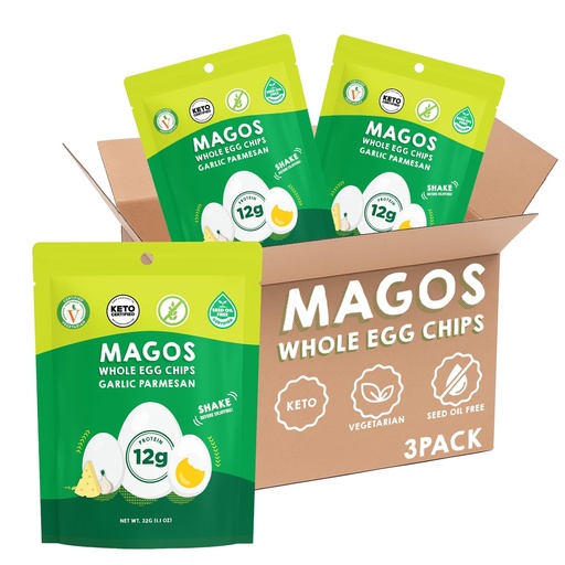[BRSREGIBBEMRUG3D] Magos Egg Chips – Garlic Parmesan, Healthy Snack, High Protein Low Carb, Light Cracker-Style Crunch, 1.1 oz Bags – Keto, Vegetarian & Carnivore Friendly, No Gluten Ingredients (3-Pack)