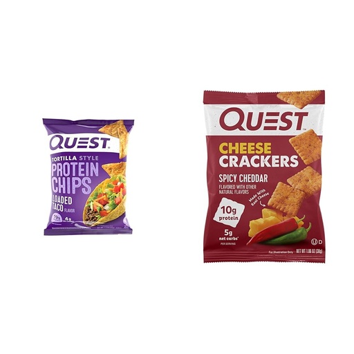 [BRSRAYYYAADQ4FL5] Quest Tortilla Protein Chips Loaded Taco 1.1oz (12 Count) & Cheese Crackers Spicy Cheddar Blast 1.06oz (12 Count)