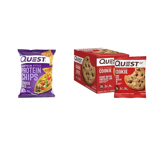 [BRSRAYYYB4OQGFI4] Quest Tortilla Protein Chips, Loaded Taco, Gluten Free, Pack of 12 & Peanut Butter Chocolate Chip Protein Cookies, Keto, Pack of 1 Bundle