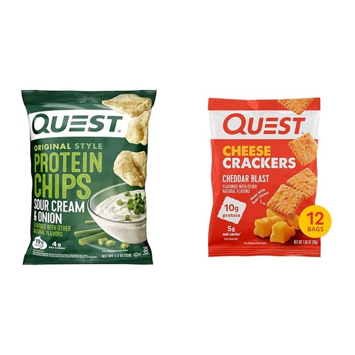 [BRSROBQEOUOQKC3B] Quest Nutrition Protein Chips, Sour Cream & Onion, High Protein, Low Carb, Pack of 12 & Cheese Crackers, Cheddar Blast, High Protein, Low Carb, Made with Real Cheese, 12 Count