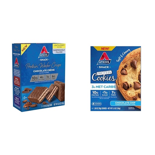[BRSROCACCMPQYCAU] Atkins Chocolate Crème Protein Wafer Crisps 5 Count, Chocolate Chip Protein Cookie 4 Count, Low Carb High Fiber Protein Desserts