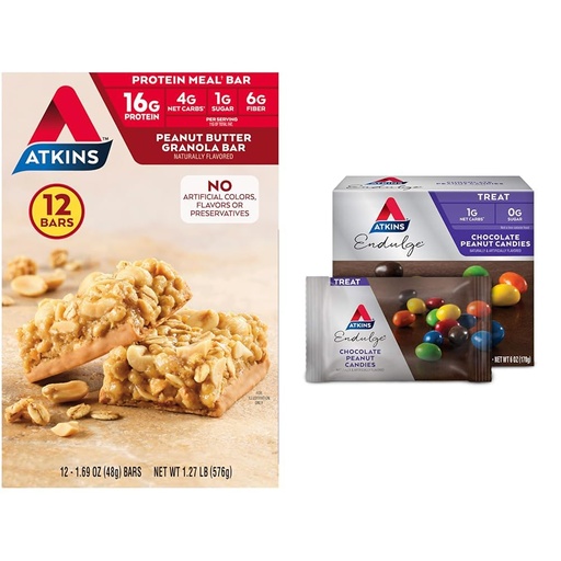 [BRSROBQFDIHG23D3] Atkins Peanut Butter Granola Protein Meal Bar, High Fiber, 16g Protein, 1g Sugar, 4g Net Carb & Endulge Chocolate Peanut Candies, Dessert Favorite, 0g Sugar, 20 Counts