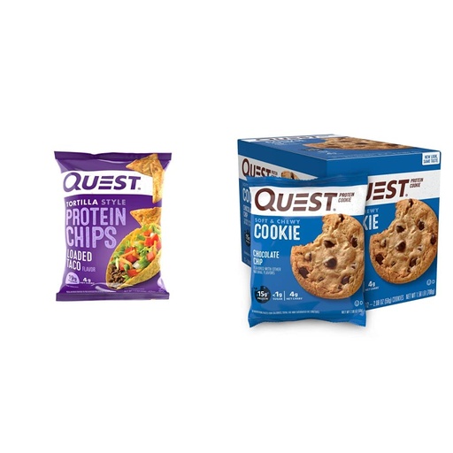 [BRSROYL2AEBWO3L6] Quest Nutrition Tortilla Style Loaded Taco Protein Chips (Pack of 12) and Chocolate Chip Protein Cookie (12 Count)