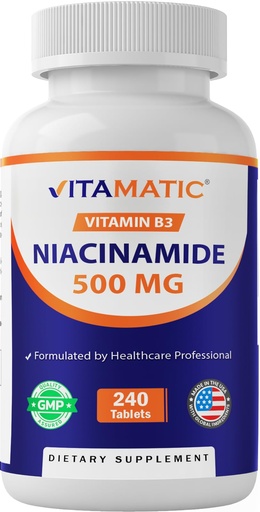 [BRSROCAEAEJQIFL3] Vitamatic Niacinamide 500 mg 240 Tablets - Flush Free Vitamin B3 - Supports Energy Production