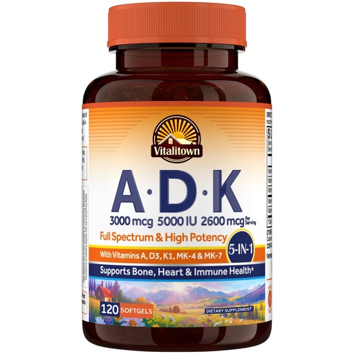 [BRSREGIOCUJWAHLH] Vitalitown Vitamin ADK, High Potency Essential Vitamins A, D3 5000 IU, K1 & K2 (MK-4 & MK-7), Bone, Heart & Immune Health, Non-GMO, Max Absorption, 120 Softgels
