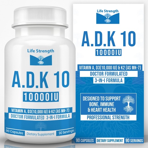 [BRSWYFARCMAQOAAV] ADK 10 - ADK Vitamin Supplement - 90 Capsules - Maximum Potency Vitamin A, D3 10,000 IU & K2 (MK-7) for Healthy Bone, Heart & Immune Support - Non-GMO, Gluten Free(3-Month Supply)