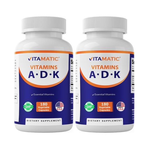 [BRSREFA7CMIW2ET3] Vitamatic ADK Vitamin Supplement, 180 Veg Capsules, High Potency Vitamins A, D3, K2 for Bone Health, Calcium Absorption, Non-GMO, Gluten Free - 2 Pack
